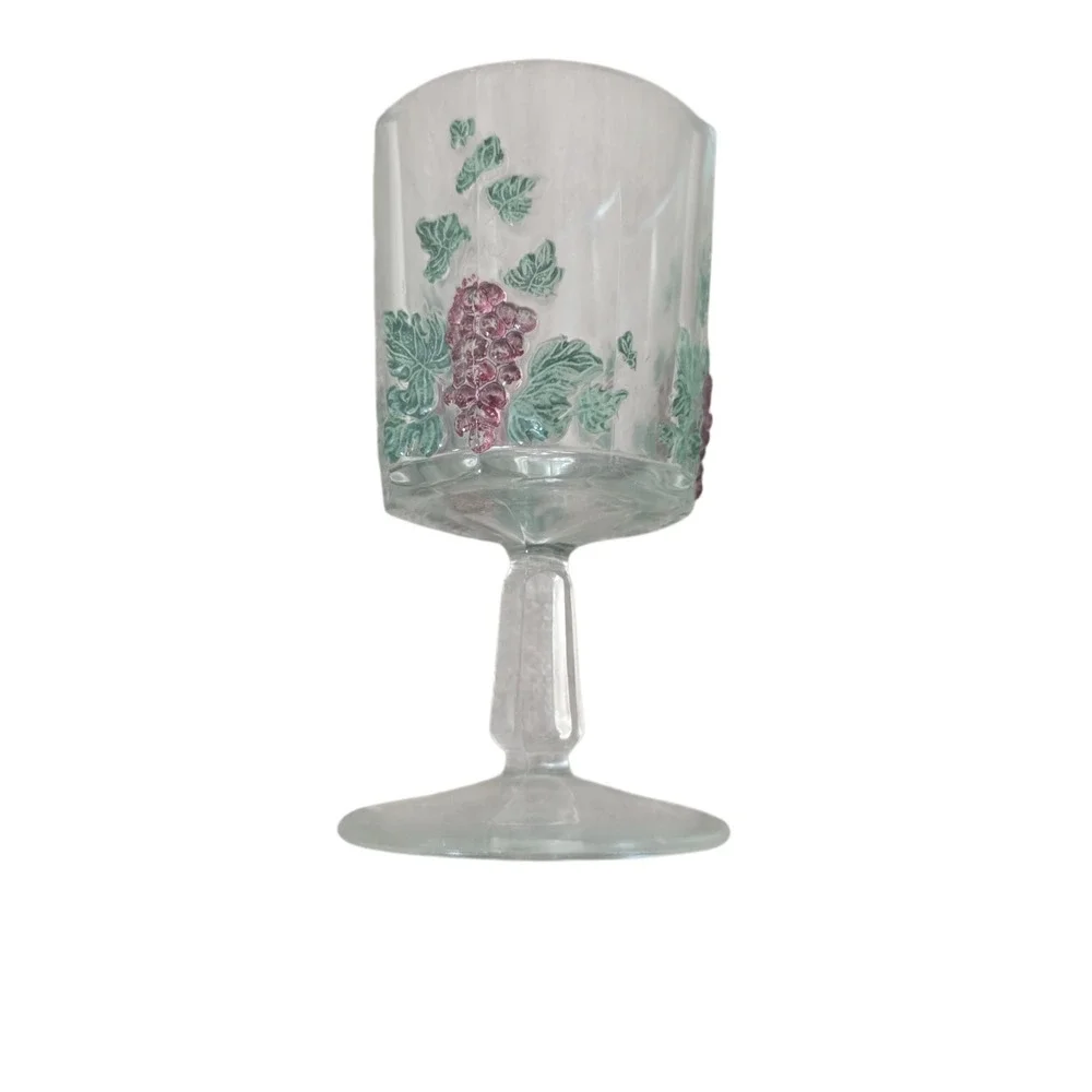 Vintage Clear Glass Wine Goblet Raised Purple Grapes Green Leaves Stemware